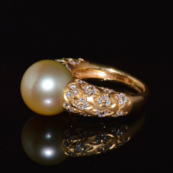 Certified Natural 1.31Cts VS F Diamond 13MM South Sea Pearl 18K Solid Gold Ring - Picture 8 of 10